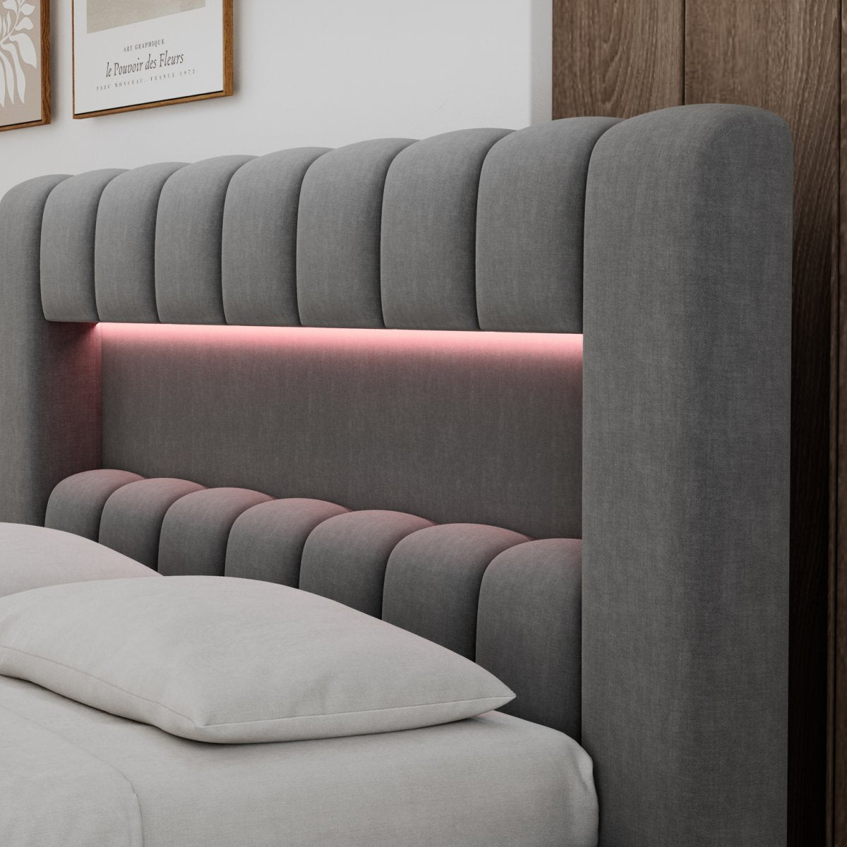 Lit coffre 140x200 sommier et LED inclus Auria Velours Gris - vue 7