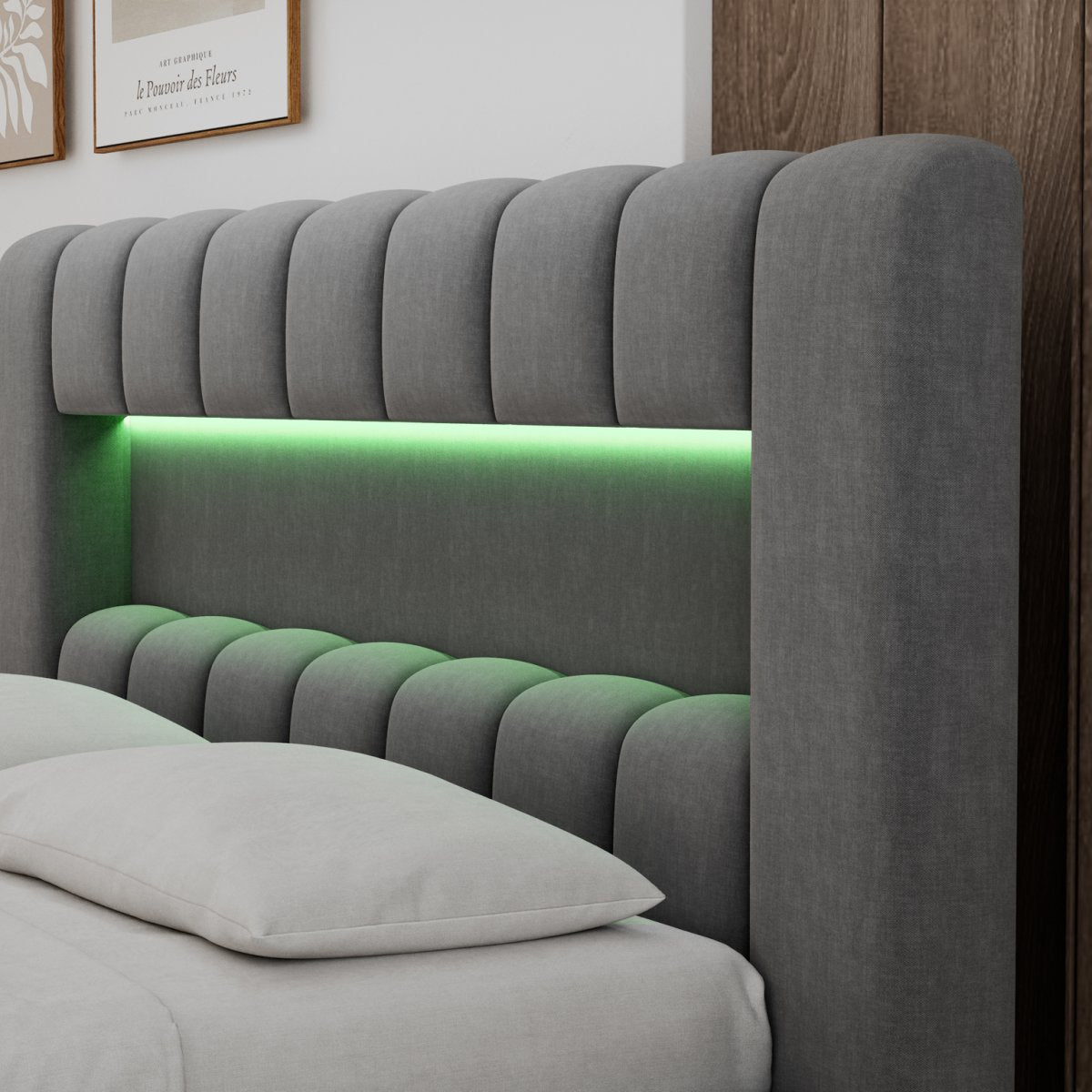 Lit coffre 140x200 sommier et LED inclus Auria Velours Gris - vue 8