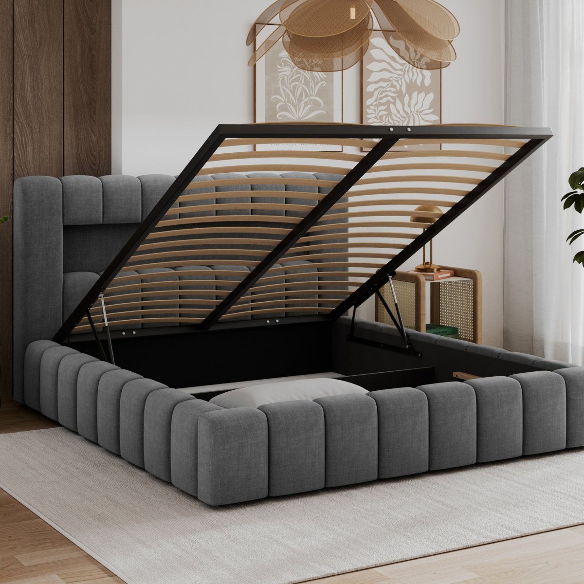 Lit coffre 140x200 sommier et LED inclus Auria Velours Gris - vue 3