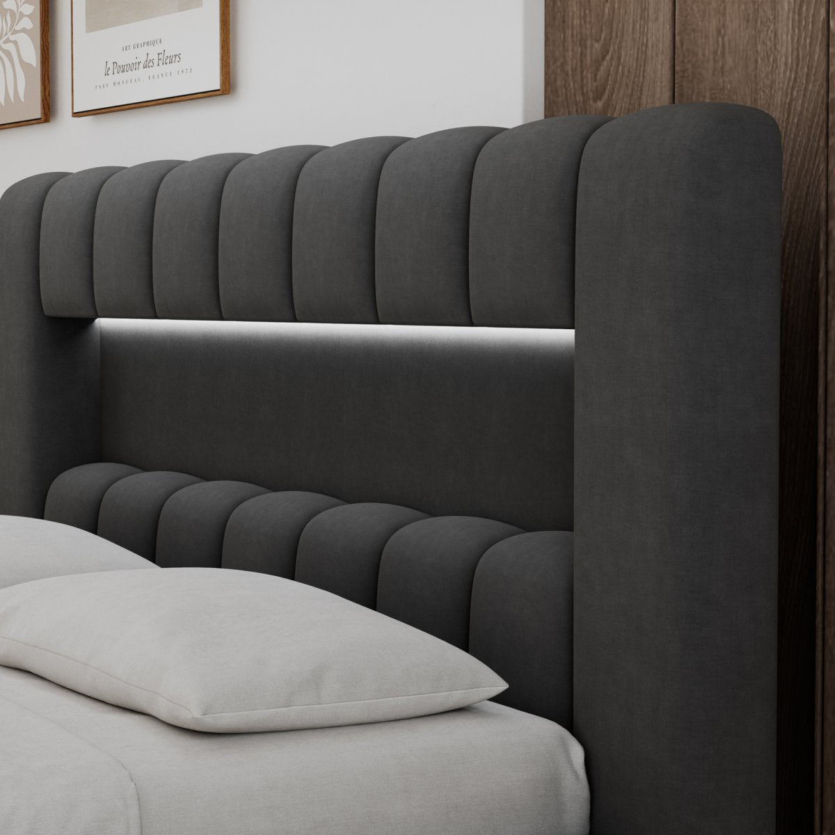Lit coffre 140x200 sommier et LED inclus Auria Velours Gris foncé - vue 6