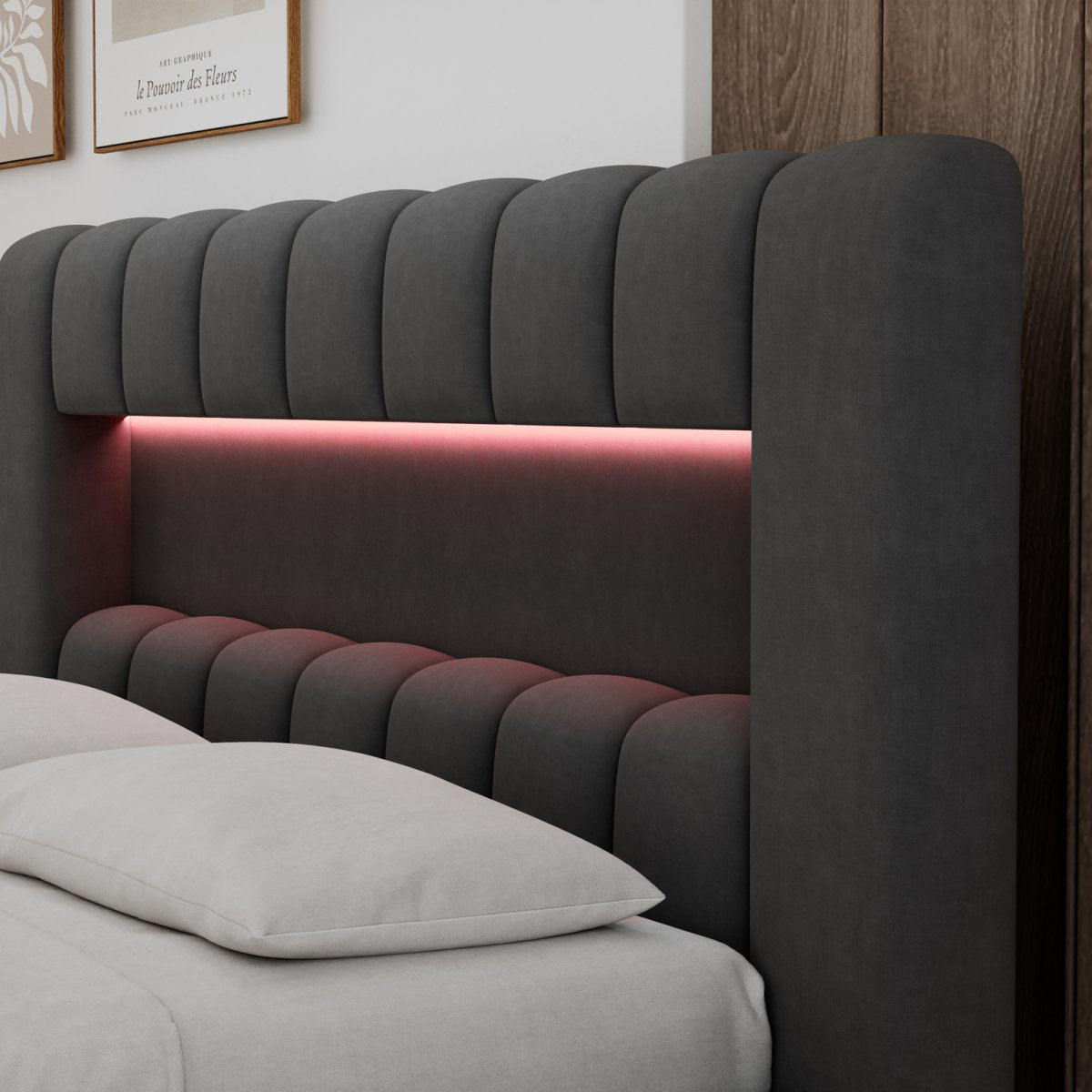 Lit coffre 140x200 sommier et LED inclus Auria Velours Gris foncé - vue 7
