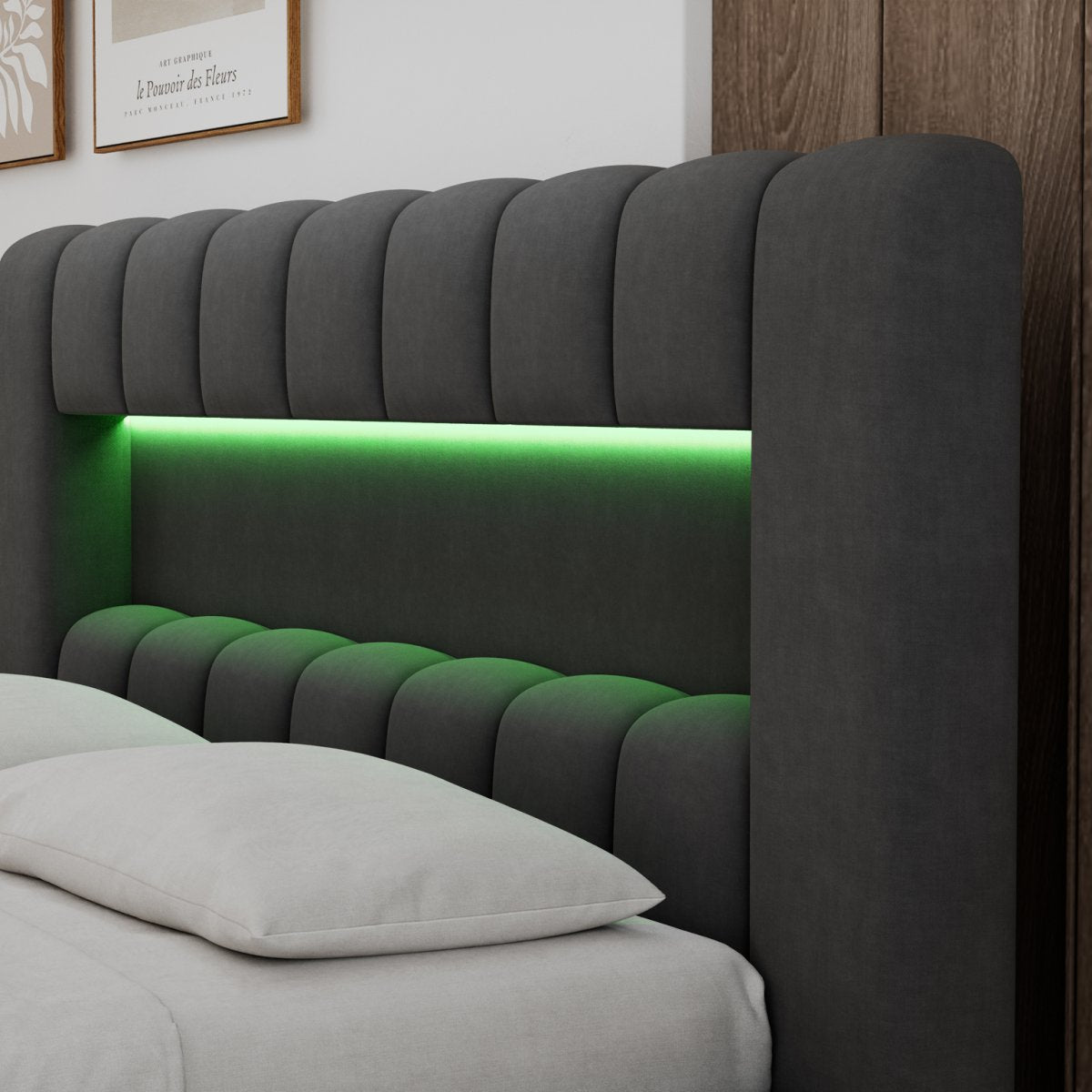 Lit coffre 140x200 sommier et LED inclus Auria Velours Gris foncé - vue 8