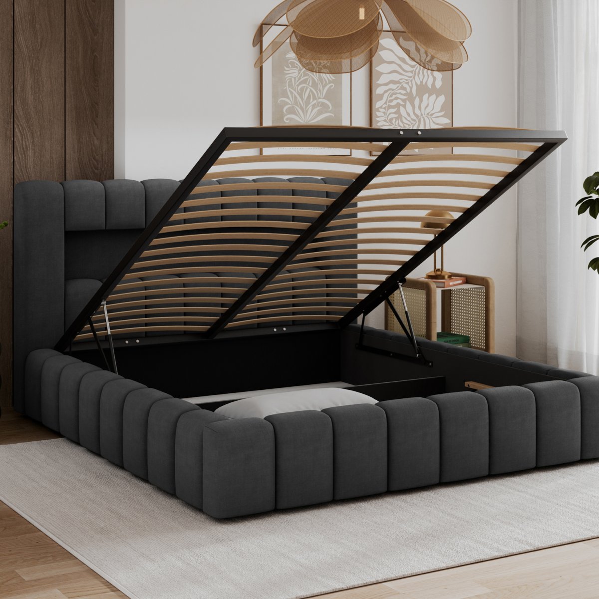 Lit coffre 140x200 sommier et LED inclus Auria Velours Gris foncé - vue 3