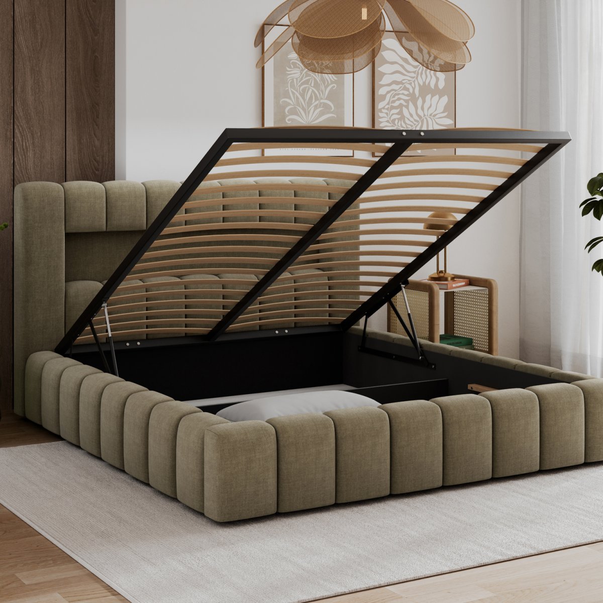 Lit coffre 140x200 sommier et LED inclus Auria Velours Marron - vue 3