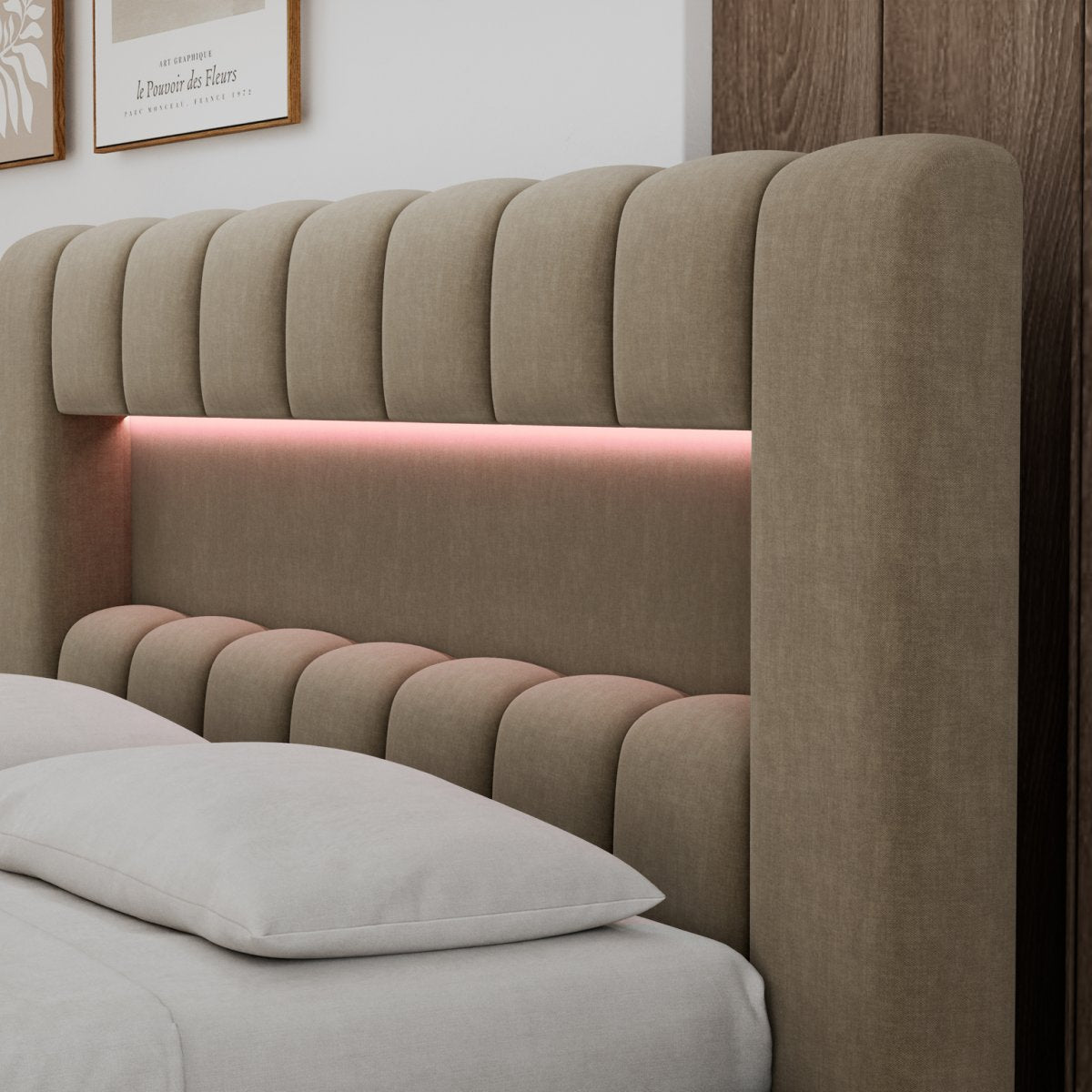 Lit coffre 140x200 sommier et LED inclus Auria Velours Marron - vue 7