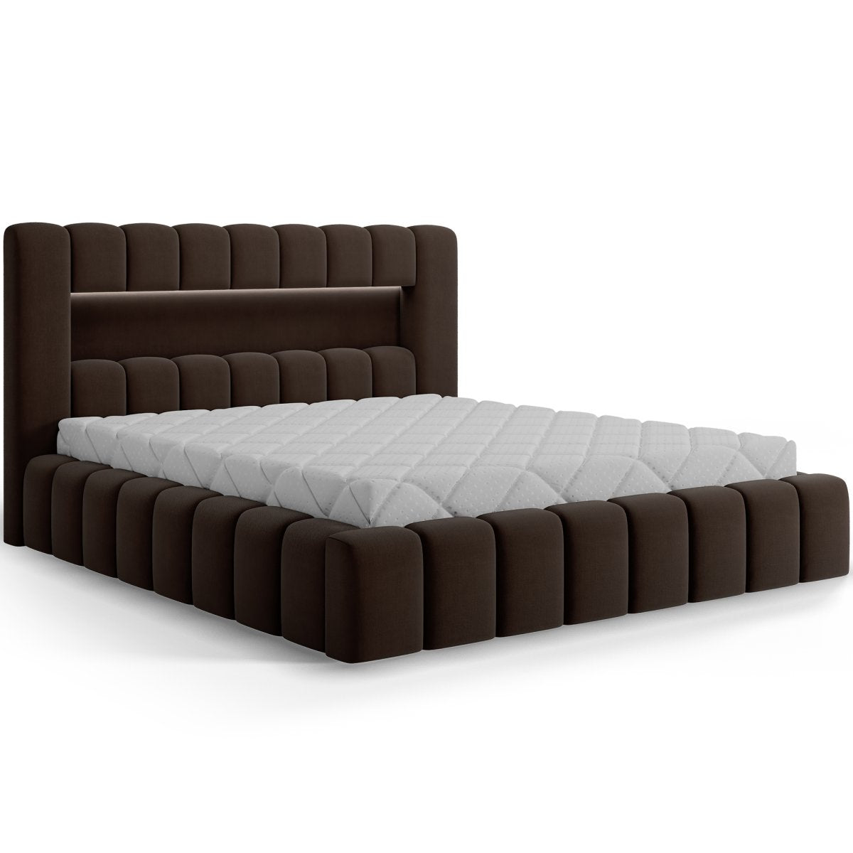 Lit coffre 140x200 sommier et LED inclus Auria Velours Marron foncé - vue 2