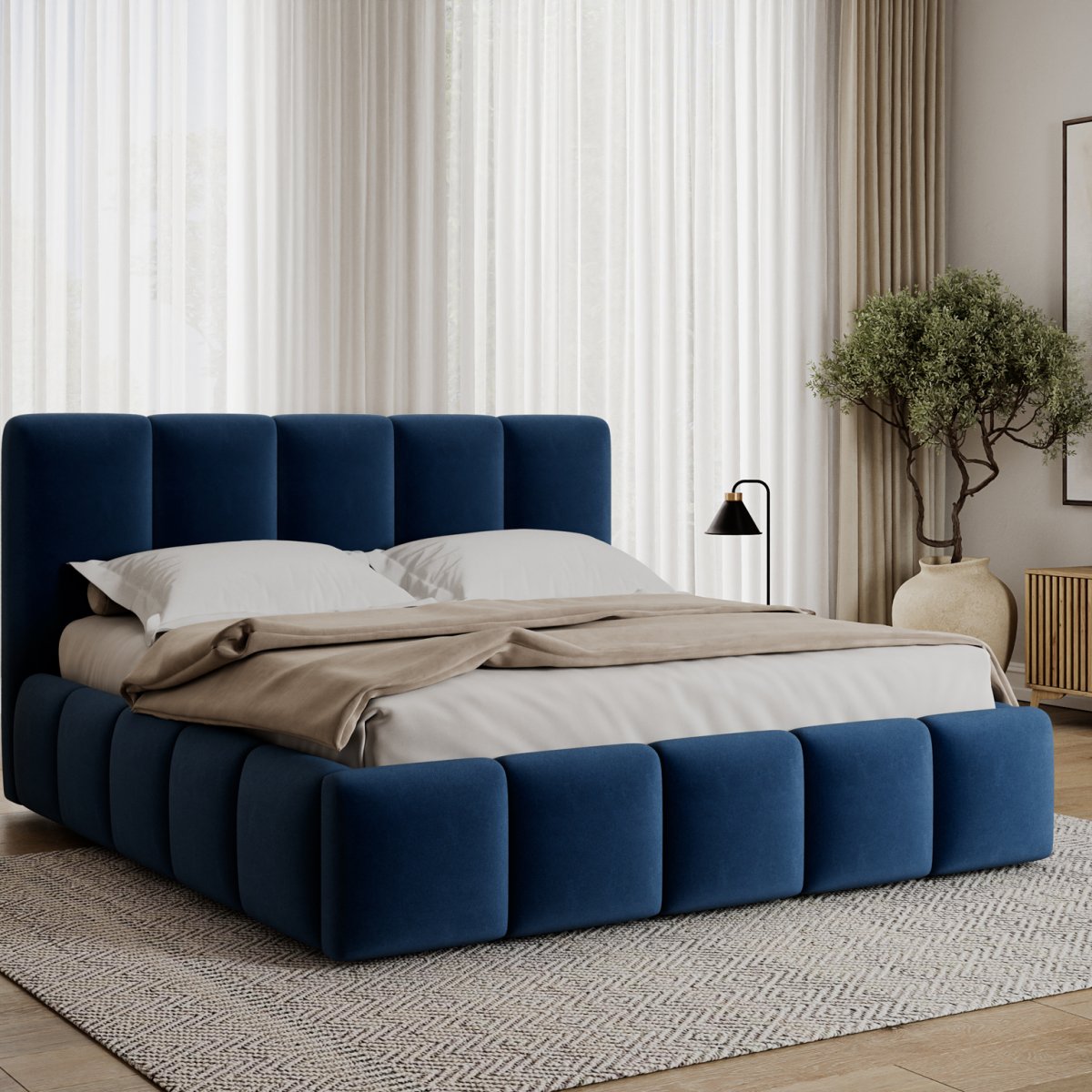 Lit coffre 140x200 sommier inclus Klaus Velours Bleu foncé