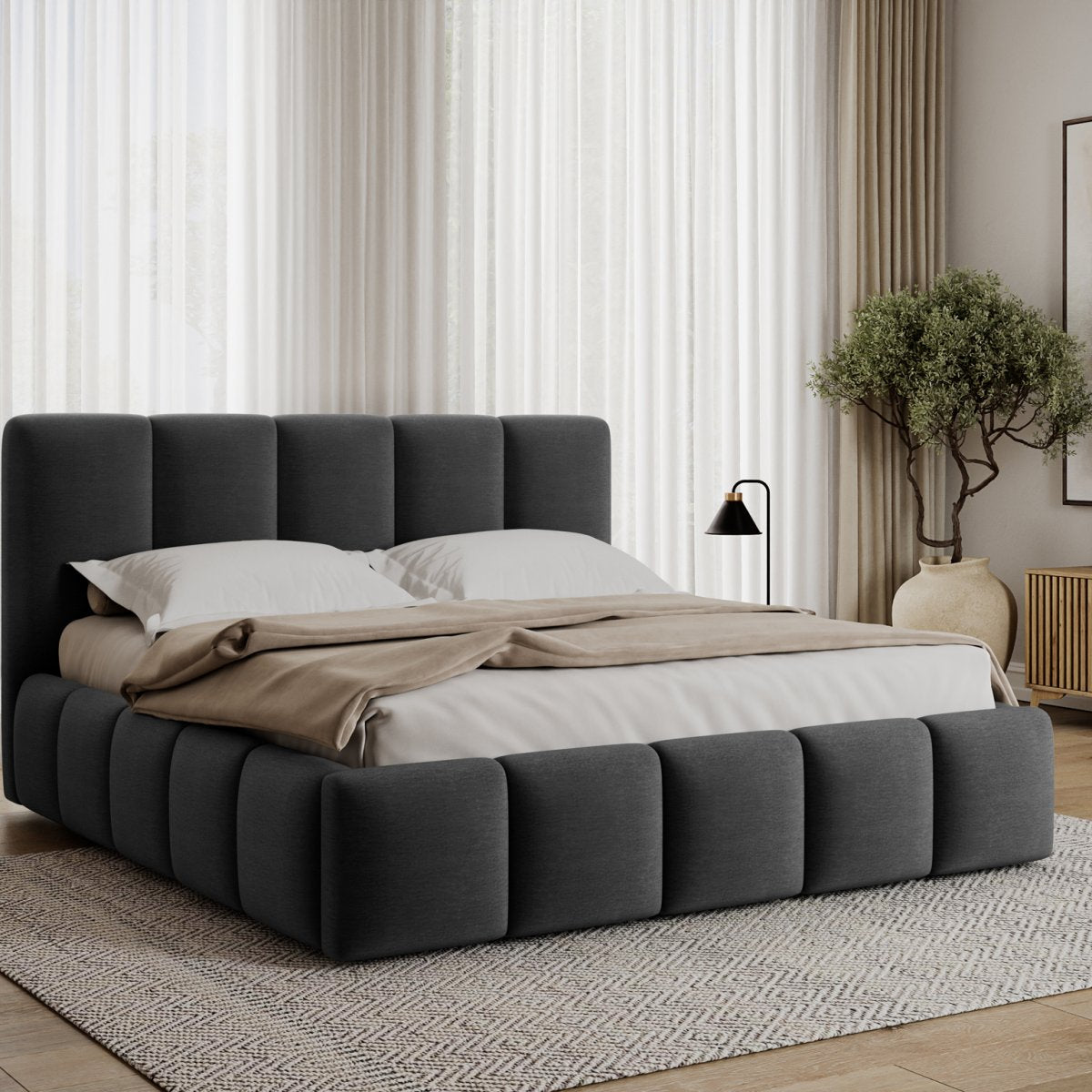 Lit coffre 140x200 sommier inclus Klaus Velours Gris foncé