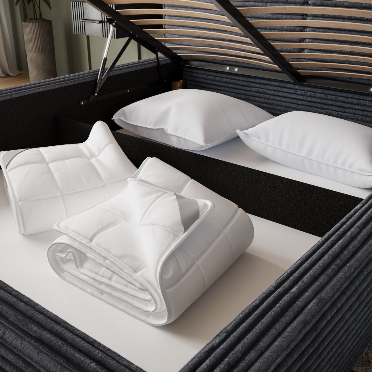 Lit coffre 140x200 sommier inclus Nox Velours côtelé Gris foncé - vue 5