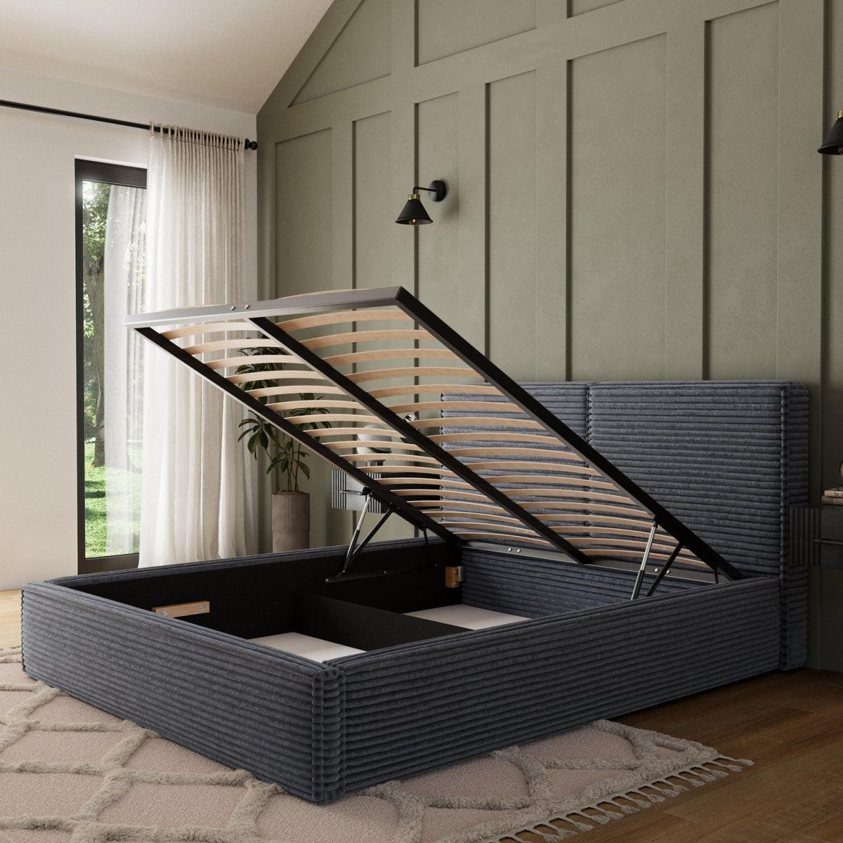 Lit coffre 140x200 sommier inclus Nox Velours côtelé Gris foncé - vue 4
