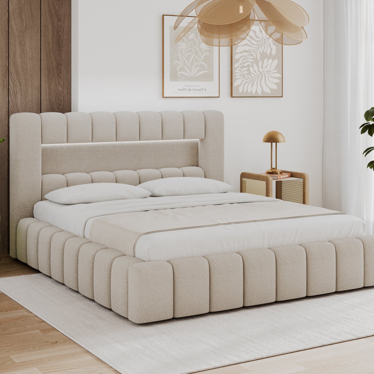 Lit coffre 160x200 sommier et LED inclus Auria Texturé Beige