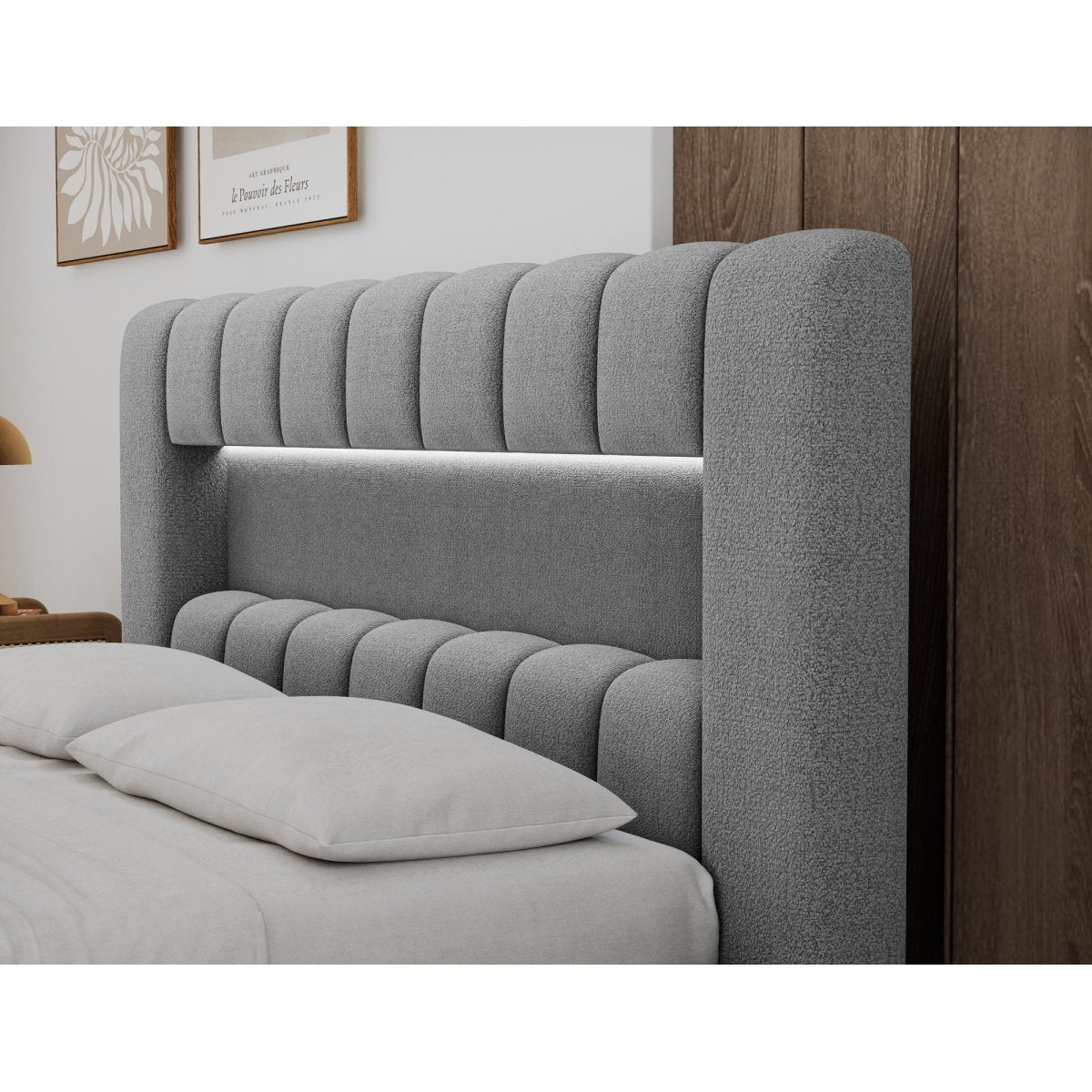 Lit coffre 160x200 sommier et LED inclus Auria Texturé Gris - vue 6