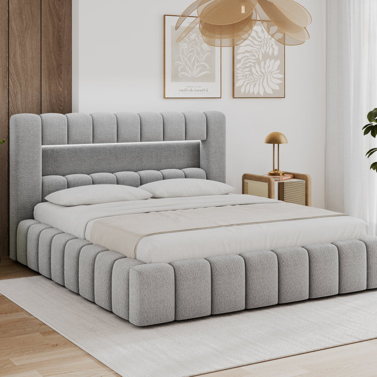 Lit coffre 160x200 sommier et LED inclus Auria Texturé Gris