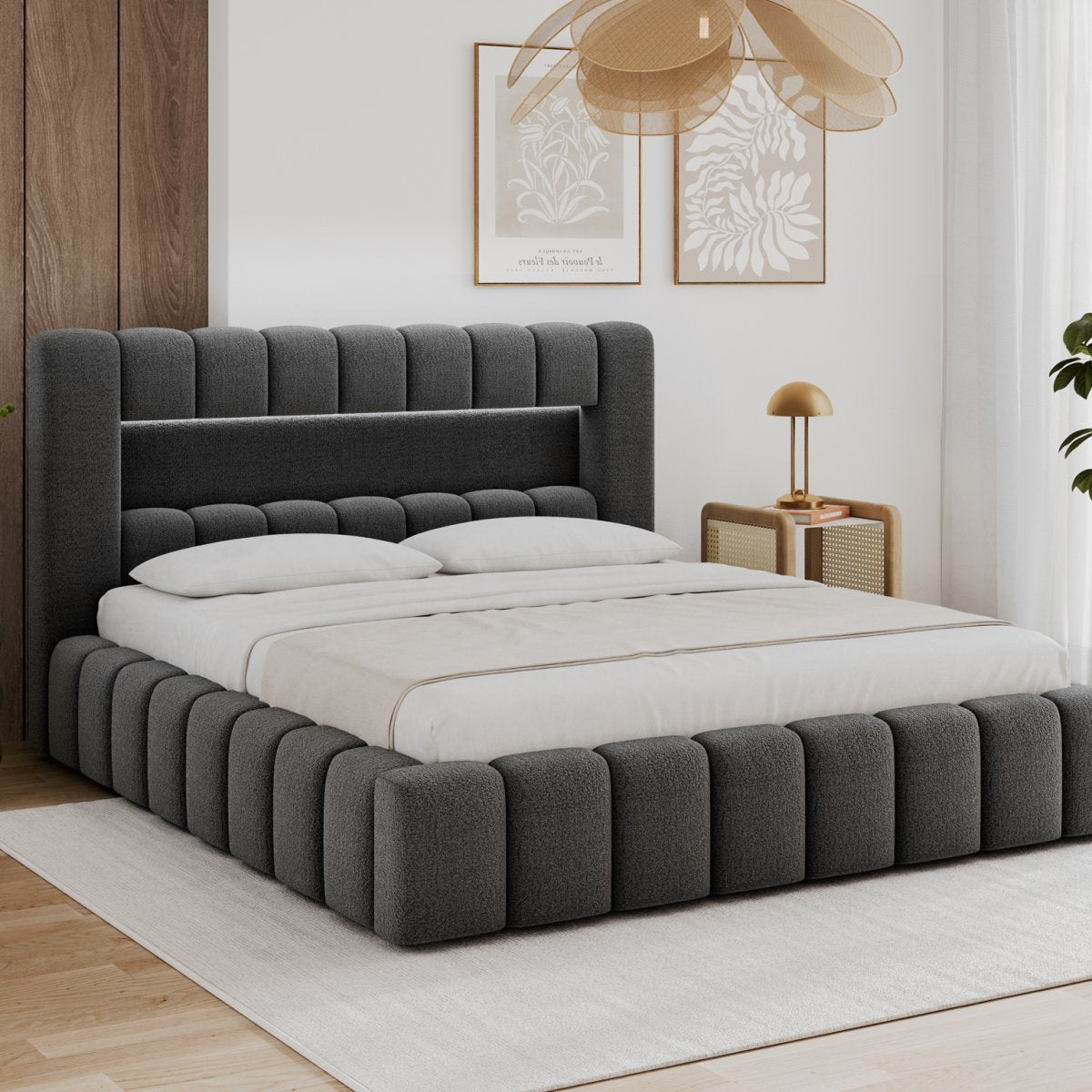 Lit coffre 160x200 sommier et LED inclus Auria Texturé Gris foncé