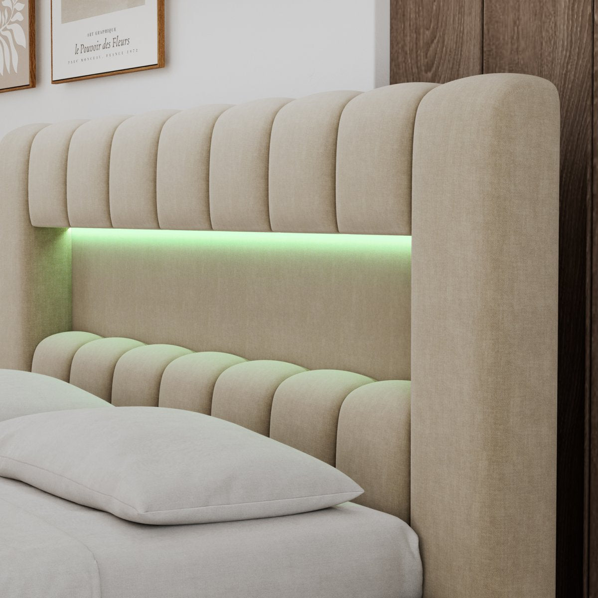 Lit coffre 160x200 sommier et LED inclus Auria Velours Beige - vue 8