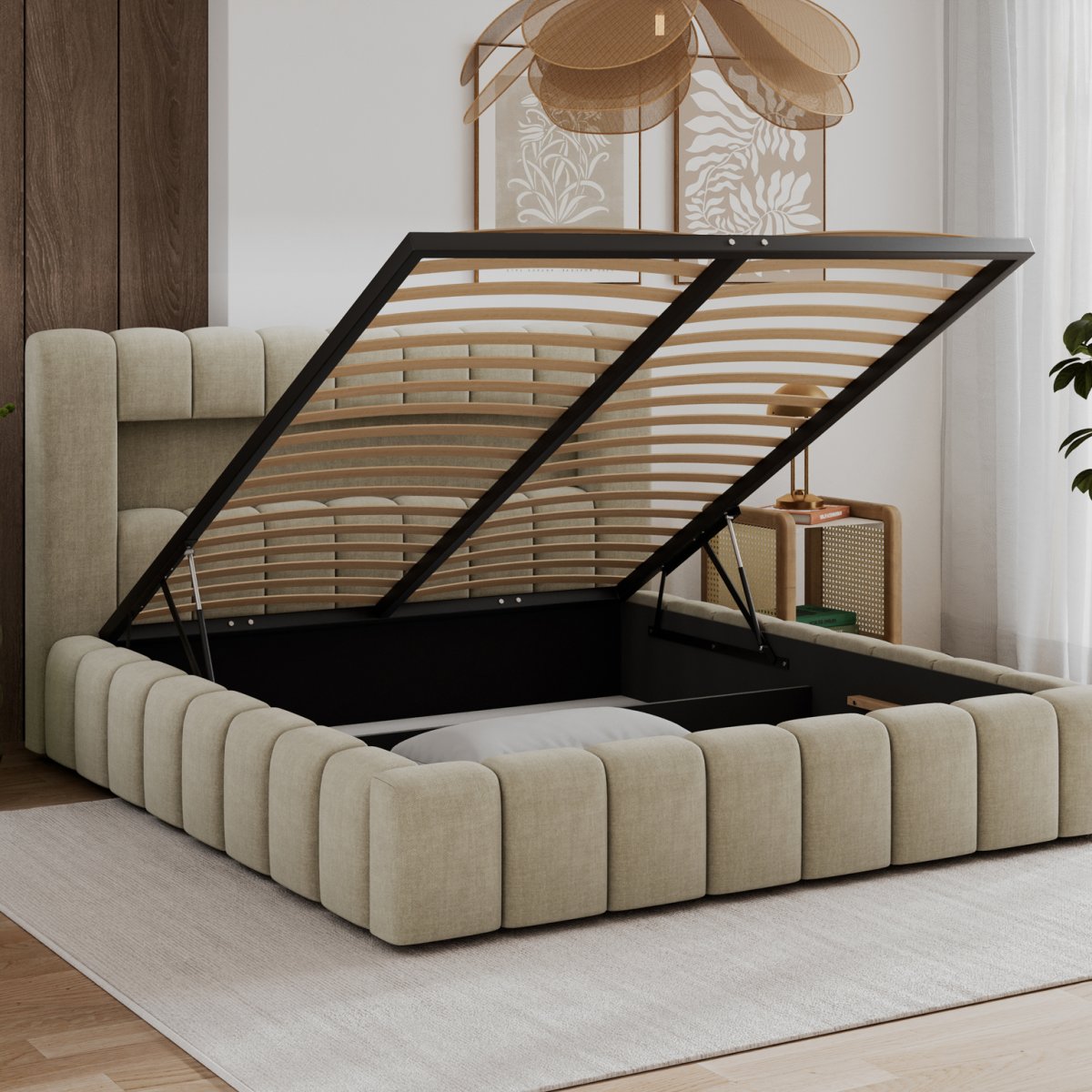 Lit coffre 160x200 sommier et LED inclus Auria Velours Beige - vue 3