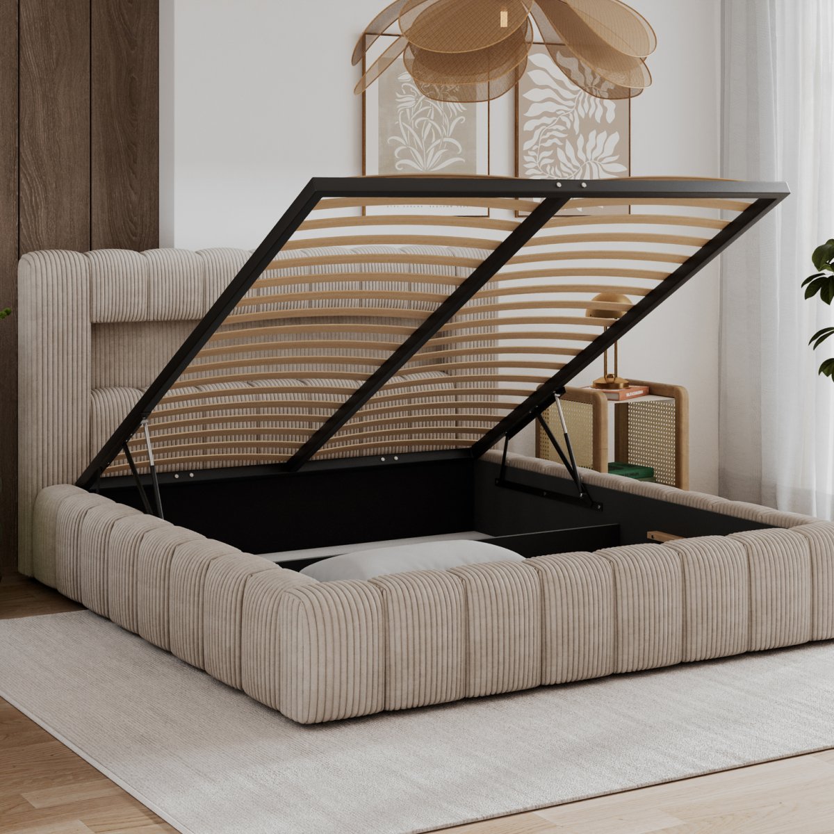 Lit coffre 160x200 sommier et LED inclus Auria Velours côtelé Beige - vue 3