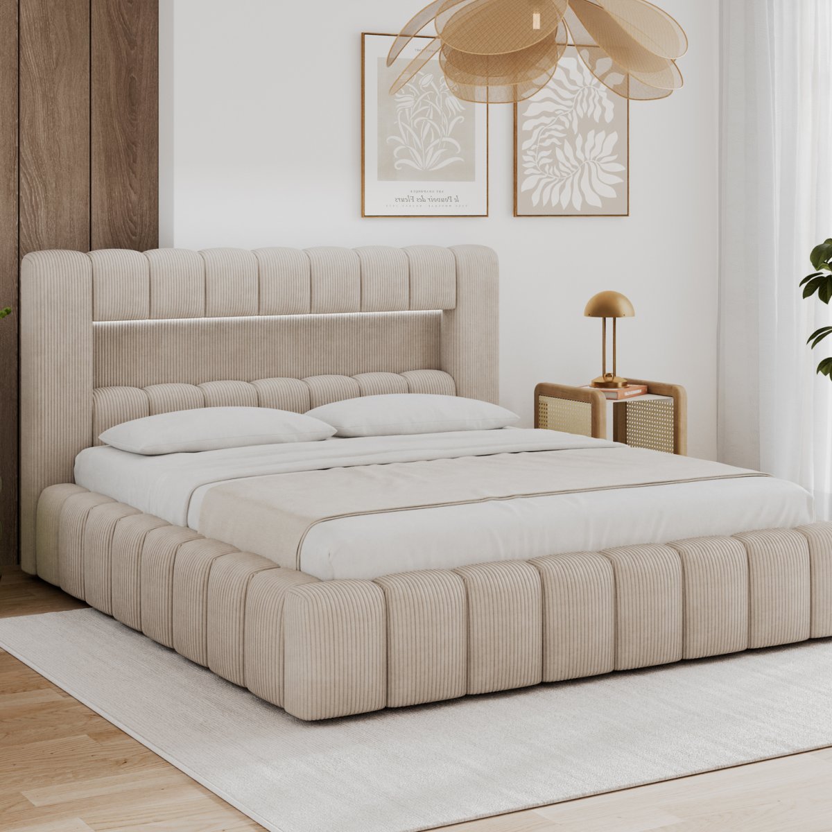 Lit coffre 160x200 sommier et LED inclus Auria Velours côtelé Beige