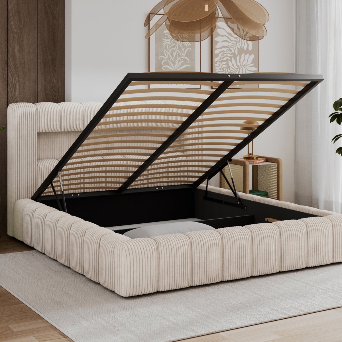 Lit coffre 160x200 sommier et LED inclus Auria Velours côtelé Crème - vue 3