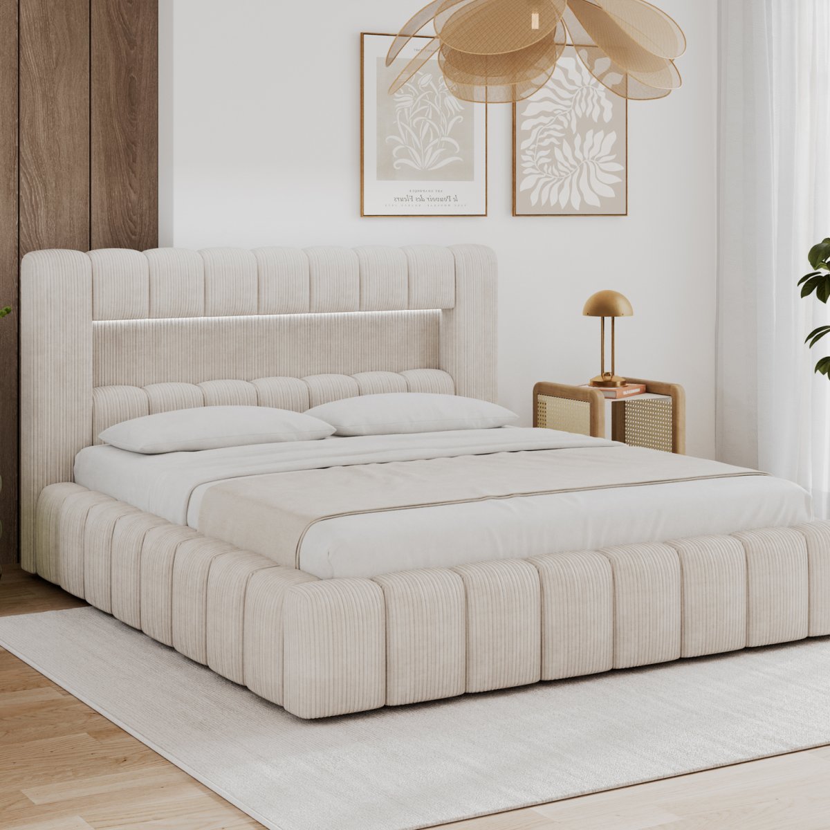 Lit coffre 160x200 sommier et LED inclus Auria Velours côtelé Crème