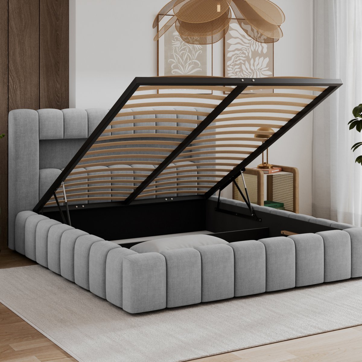 Lit coffre 160x200 sommier et LED inclus Auria Velours Gris clair - vue 3
