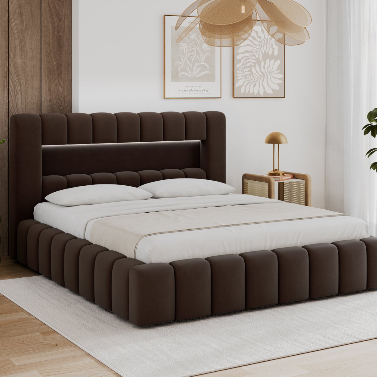 Lit coffre 160x200 sommier et LED inclus Auria Velours Marron foncé