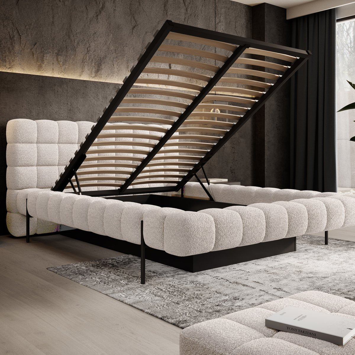 Lit coffre 160x200 sommier inclus Ezio Texturé Beige - vue 4
