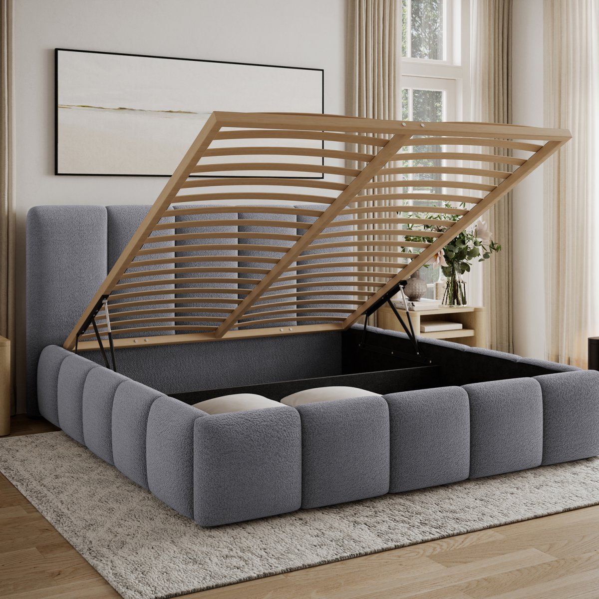 Lit coffre 160x200 sommier inclus Klaus Texturé Gris - vue 3