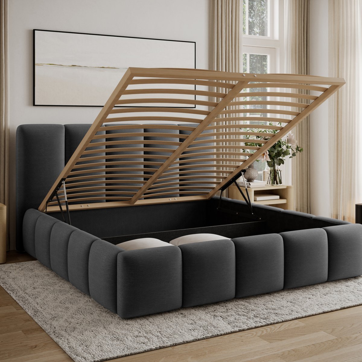 Lit coffre 160x200 sommier inclus Klaus Velours Gris foncé - vue 3