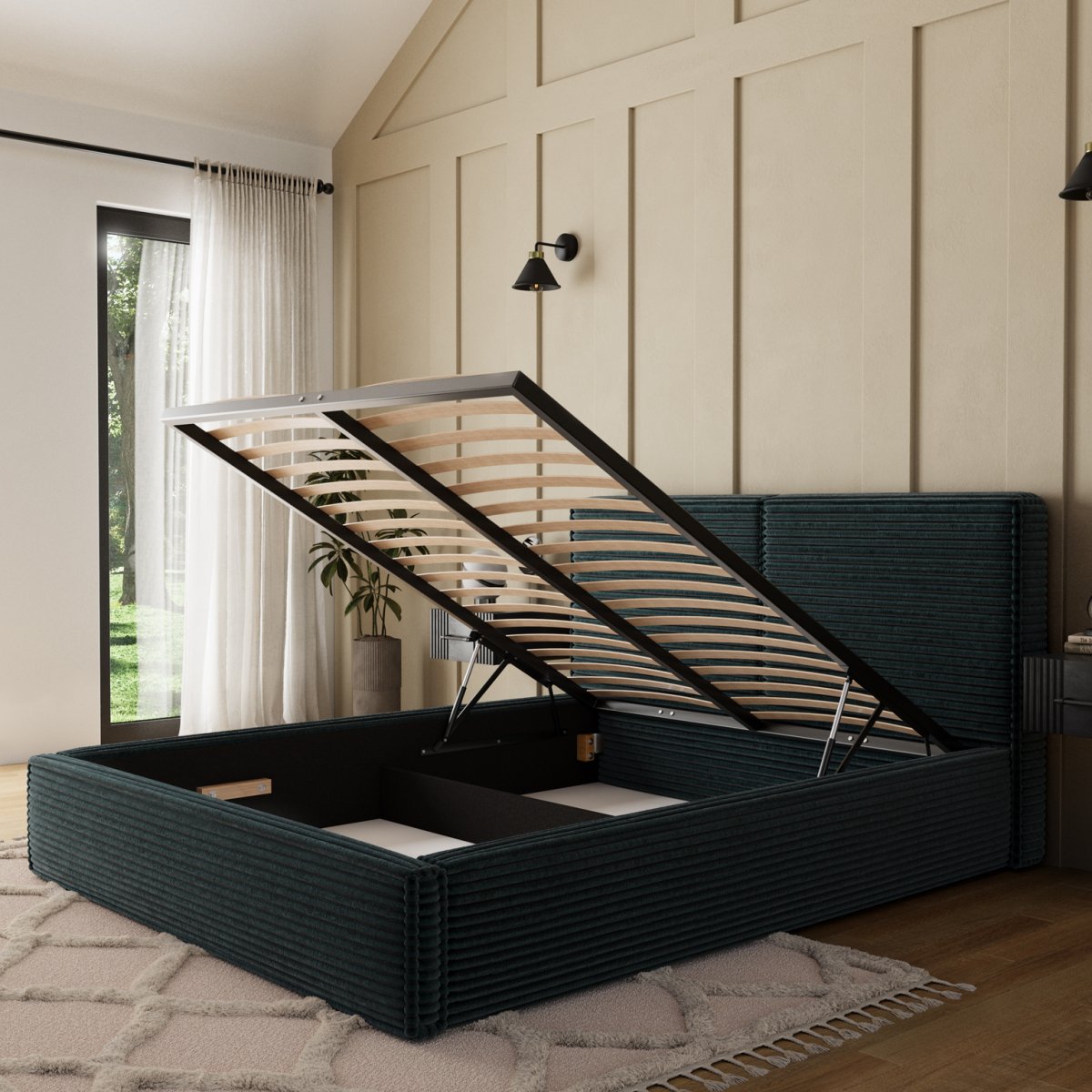 Lit coffre 160x200 sommier inclus Nox Velours côtelé Vert foncé - vue 4