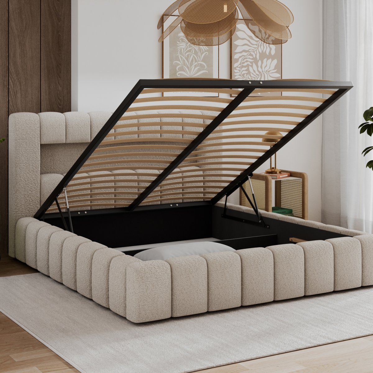 Lit coffre 180x200 sommier et LED inclus Auria Texturé Beige - vue 3