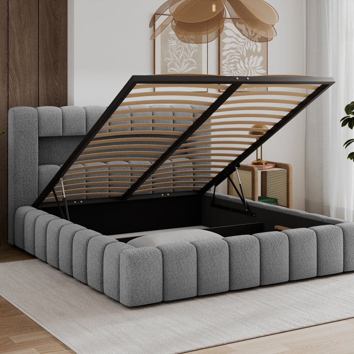 Lit coffre 180x200 sommier et LED inclus Auria Texturé Gris - vue 3