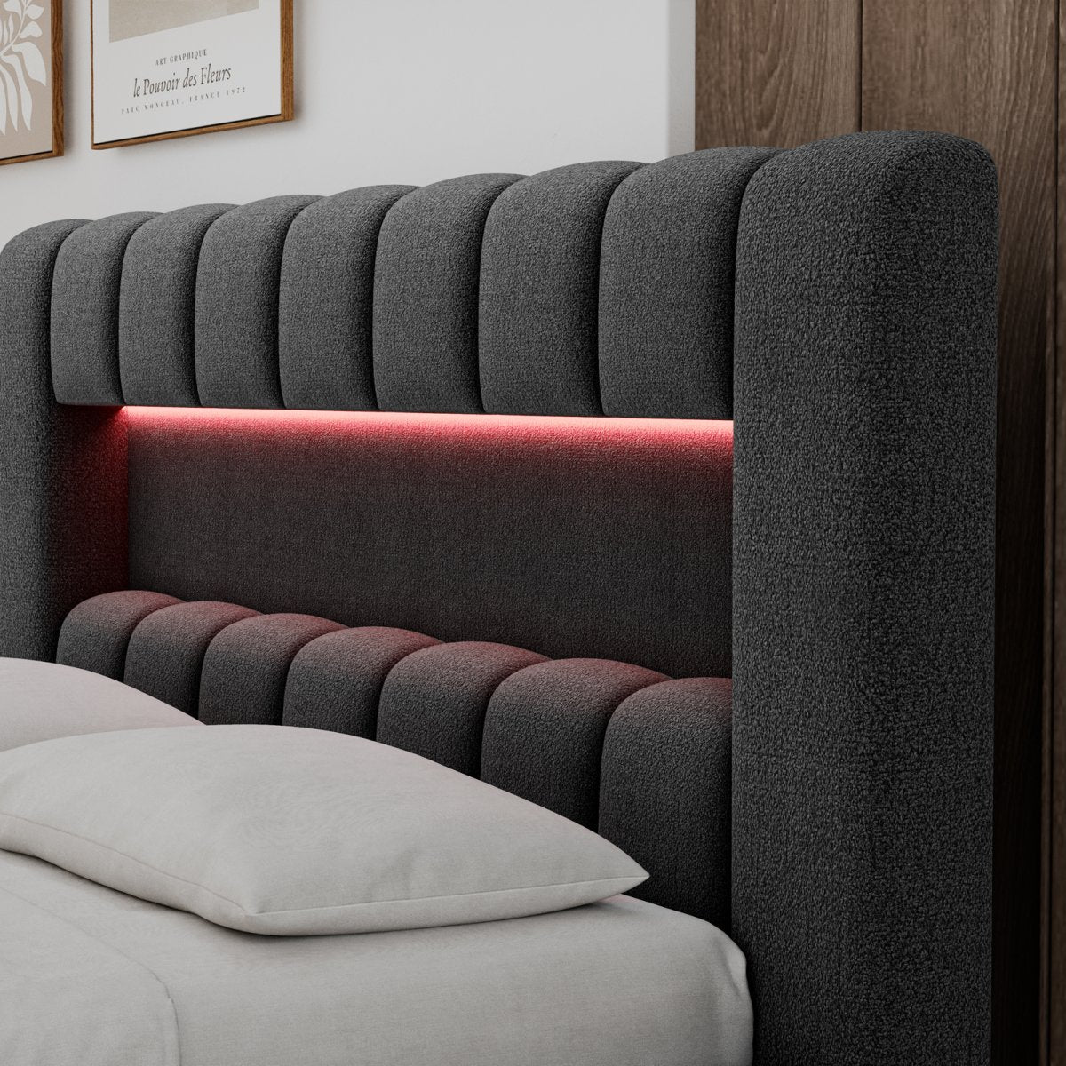 Lit coffre 180x200 sommier et LED inclus Auria Texturé Gris foncé - vue 7