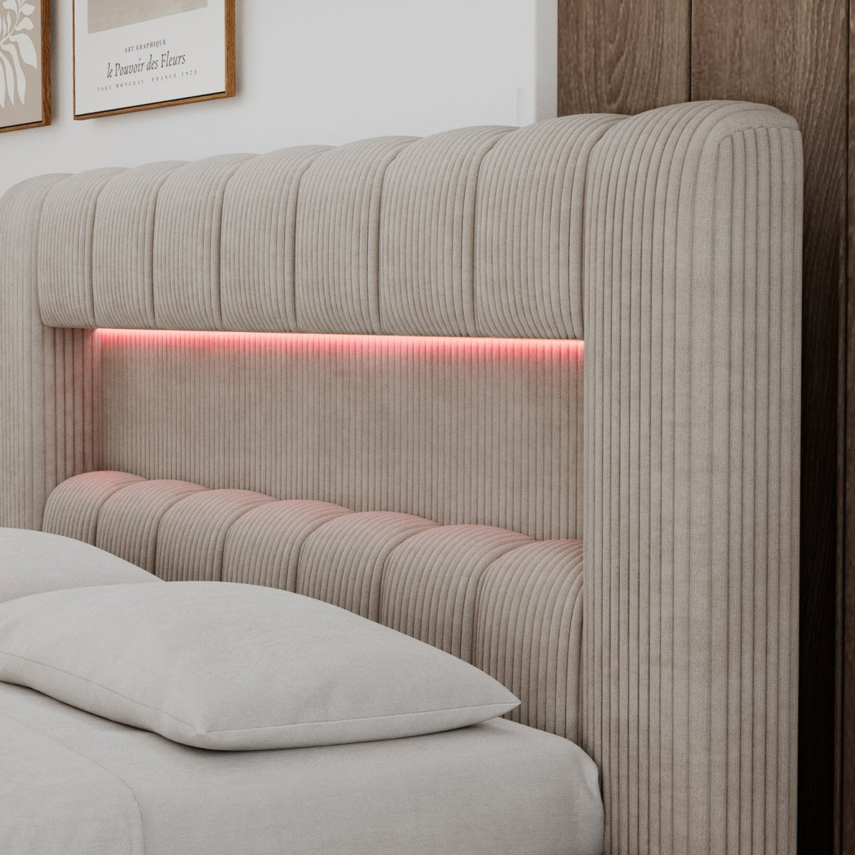 Lit coffre 180x200 sommier et LED inclus Auria Velours côtelé Beige - vue 7