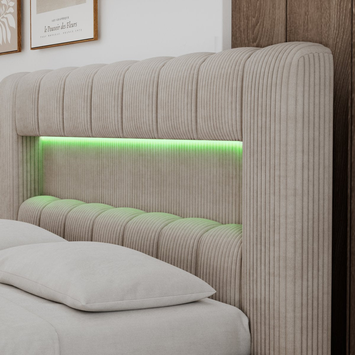 Lit coffre 180x200 sommier et LED inclus Auria Velours côtelé Beige - vue 8