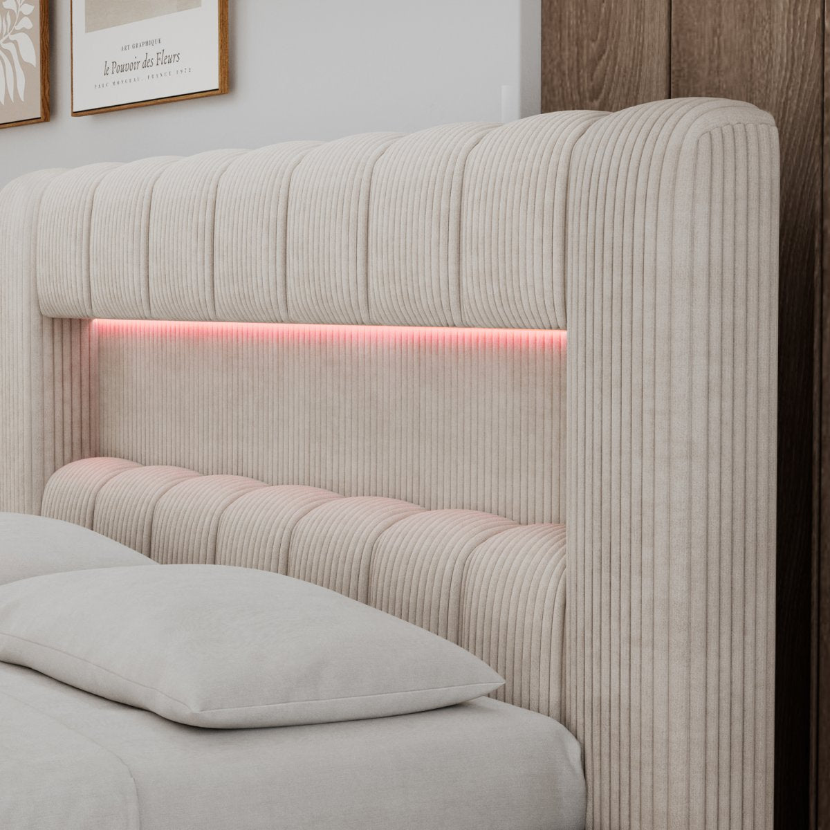 Lit coffre 180x200 sommier et LED inclus Auria Velours côtelé Crème - vue 7
