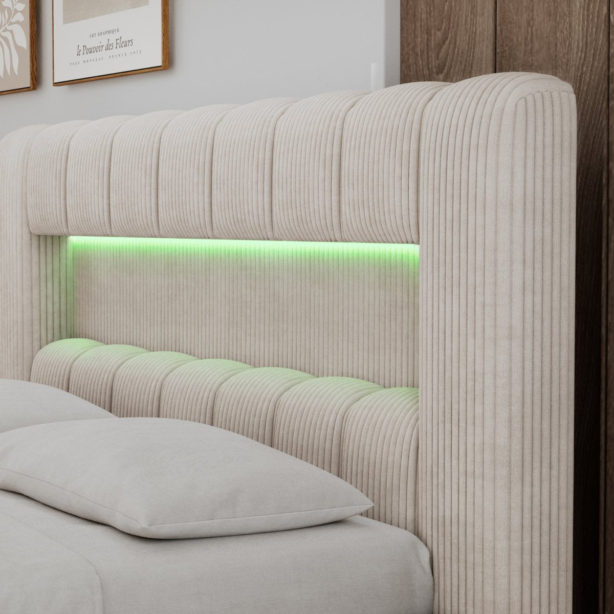 Lit coffre 180x200 sommier et LED inclus Auria Velours côtelé Crème - vue 8