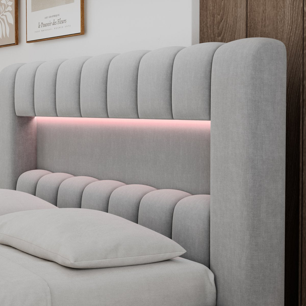 Lit coffre 180x200 sommier et LED inclus Auria Velours Gris clair - vue 7
