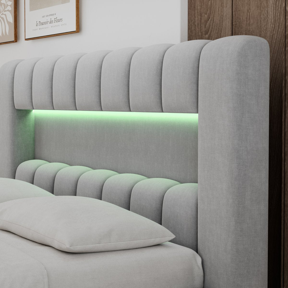 Lit coffre 180x200 sommier et LED inclus Auria Velours Gris clair - vue 8
