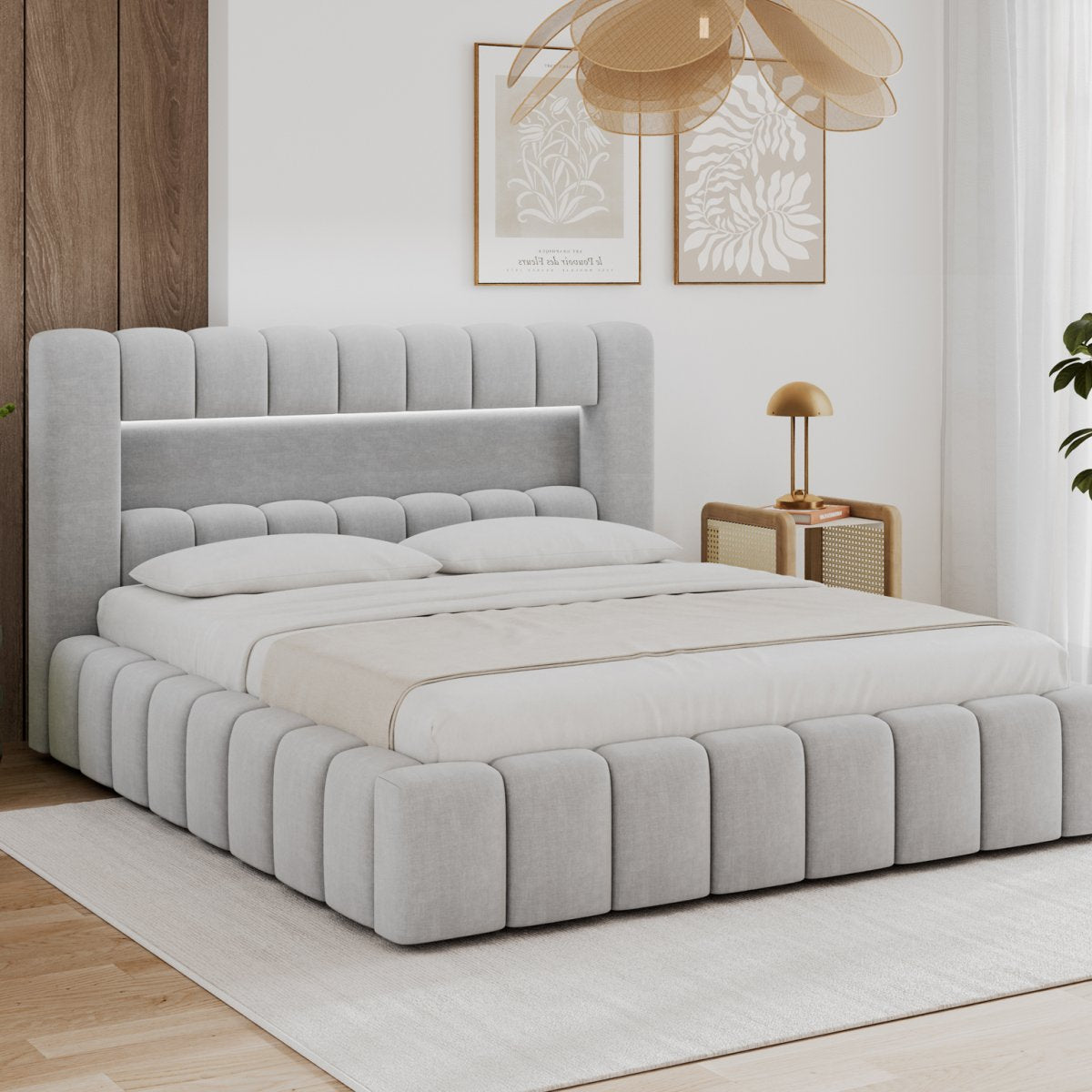 Lit coffre 180x200 sommier et LED inclus Auria Velours Gris clair