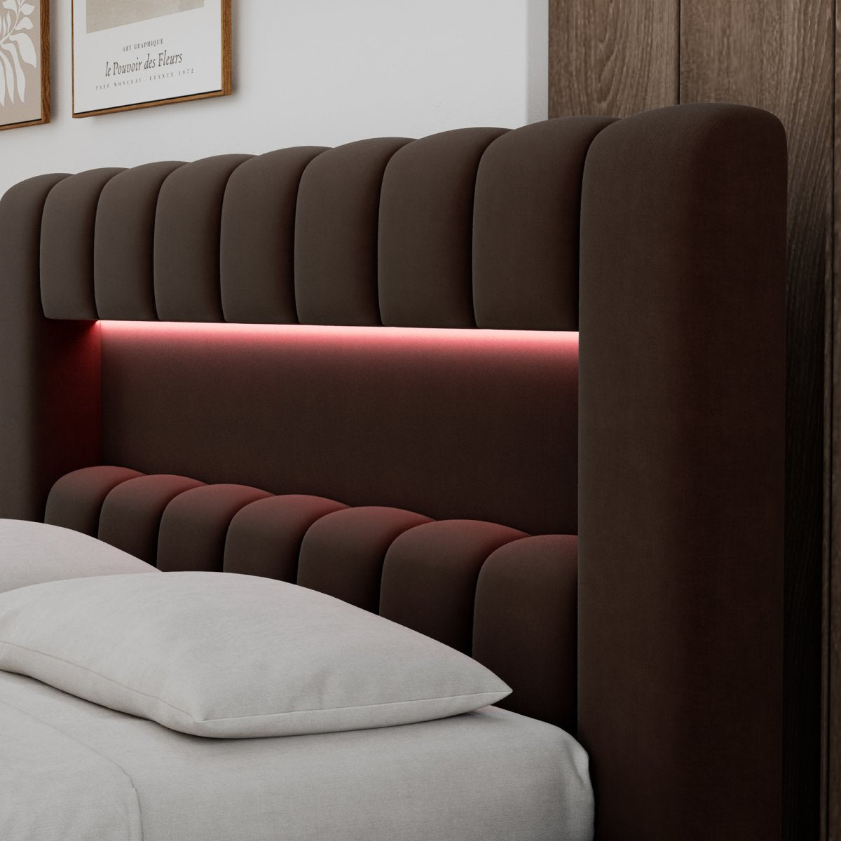Lit coffre 180x200 sommier et LED inclus Auria Velours Marron foncé - vue 7
