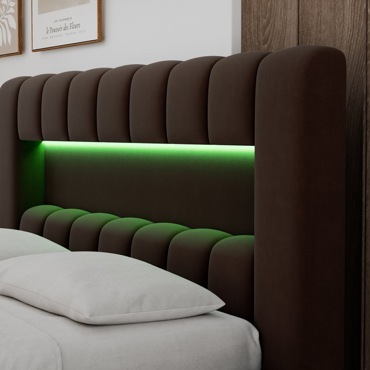 Lit coffre 180x200 sommier et LED inclus Auria Velours Marron foncé - vue 8