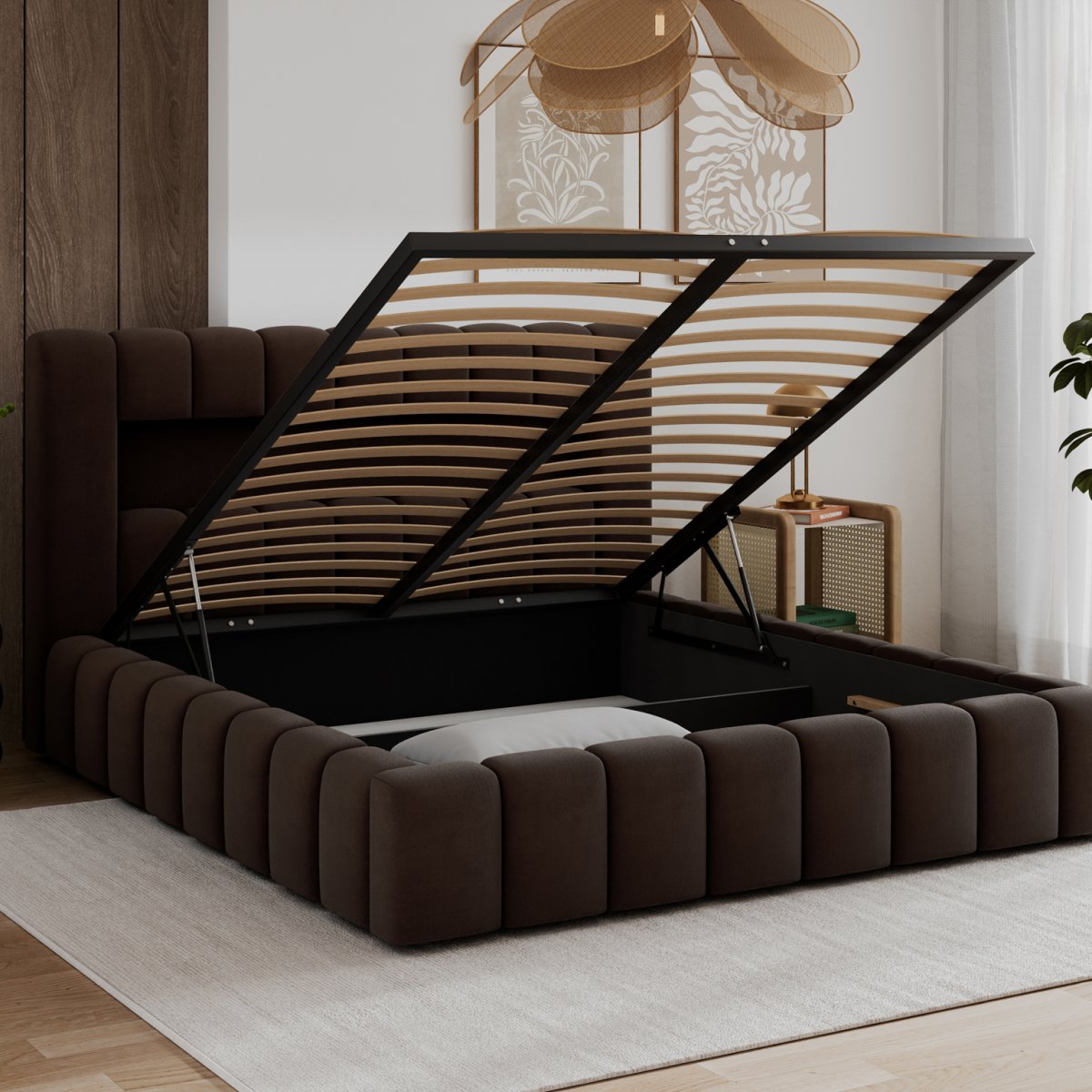 Lit coffre 180x200 sommier et LED inclus Auria Velours Marron foncé - vue 3
