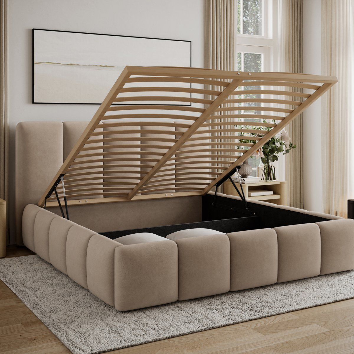 Lit coffre 180x200 sommier inclus Klaus Velours Beige - vue 3