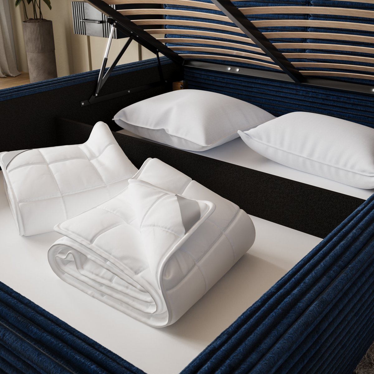 Lit coffre 180x200 sommier inclus Nox Velours côtelé Bleu foncé - vue 5