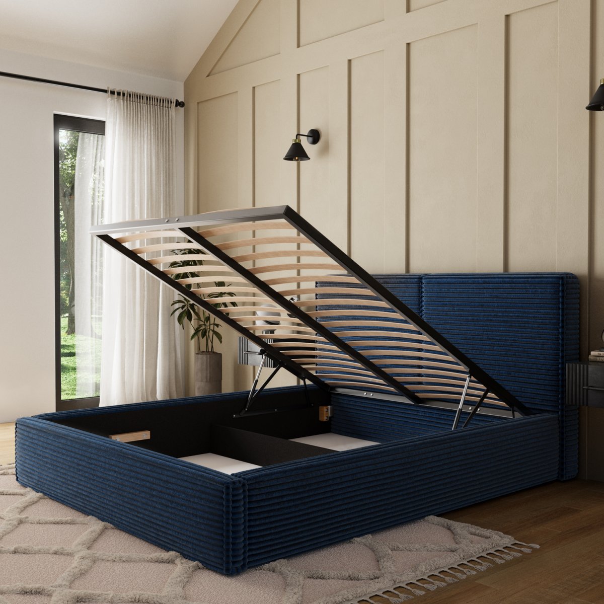 Lit coffre 180x200 sommier inclus Nox Velours côtelé Bleu foncé - vue 4