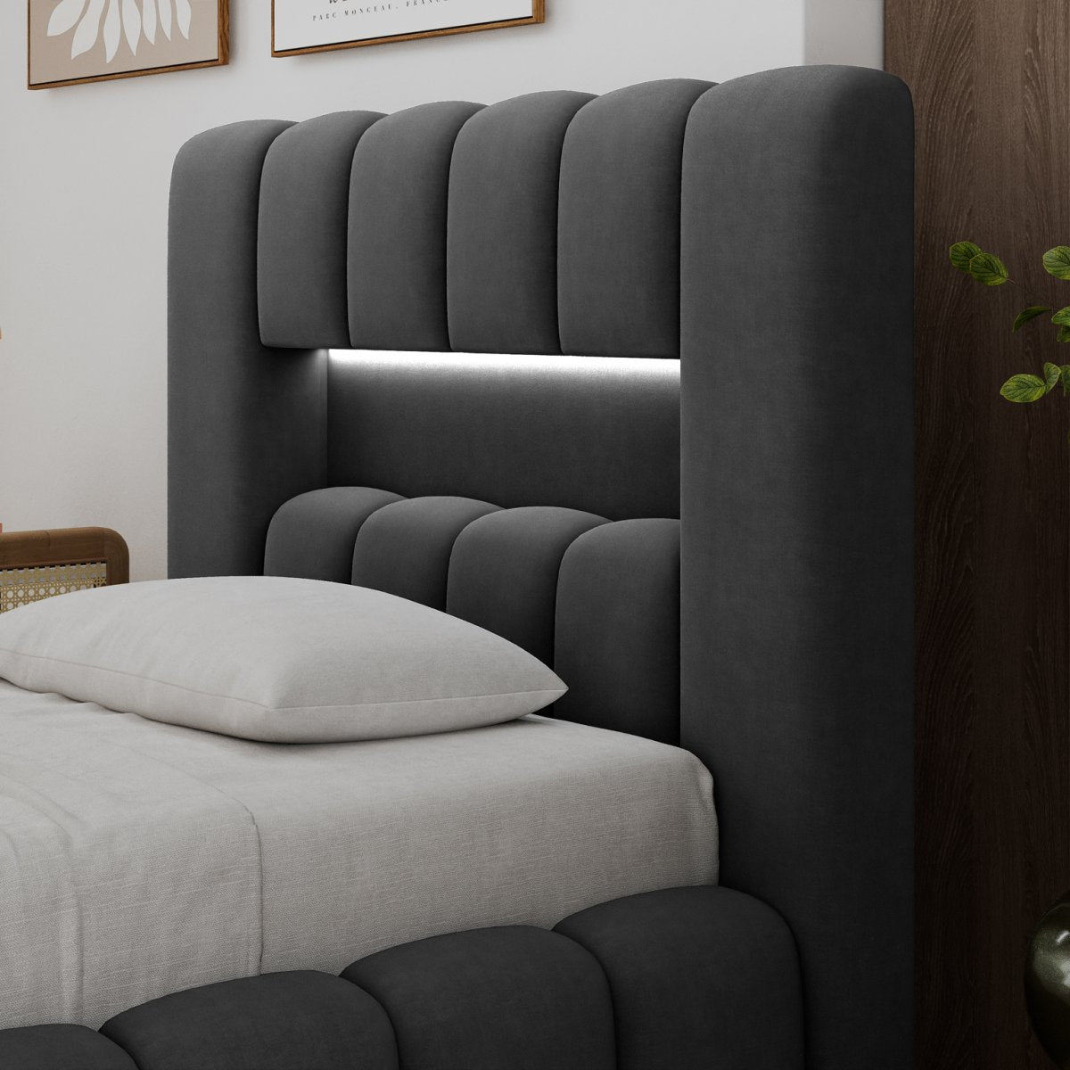 Lit coffre 90x200 sommier et LED inclus Auria Gris foncé - vue 7