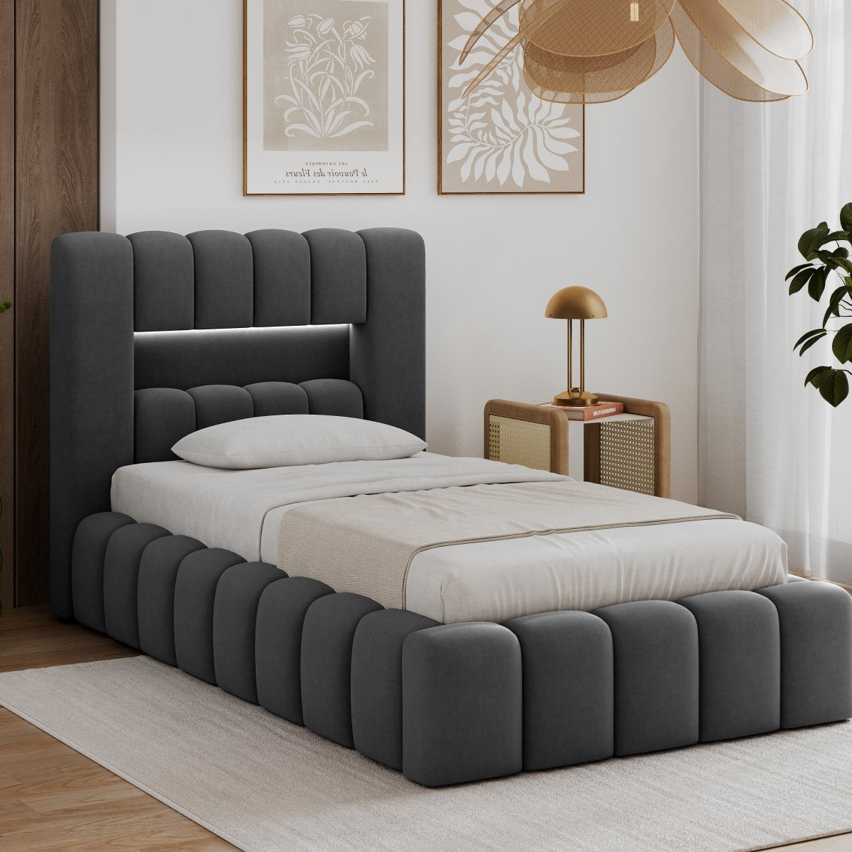 Lit coffre 90x200 sommier et LED inclus Auria Gris foncé