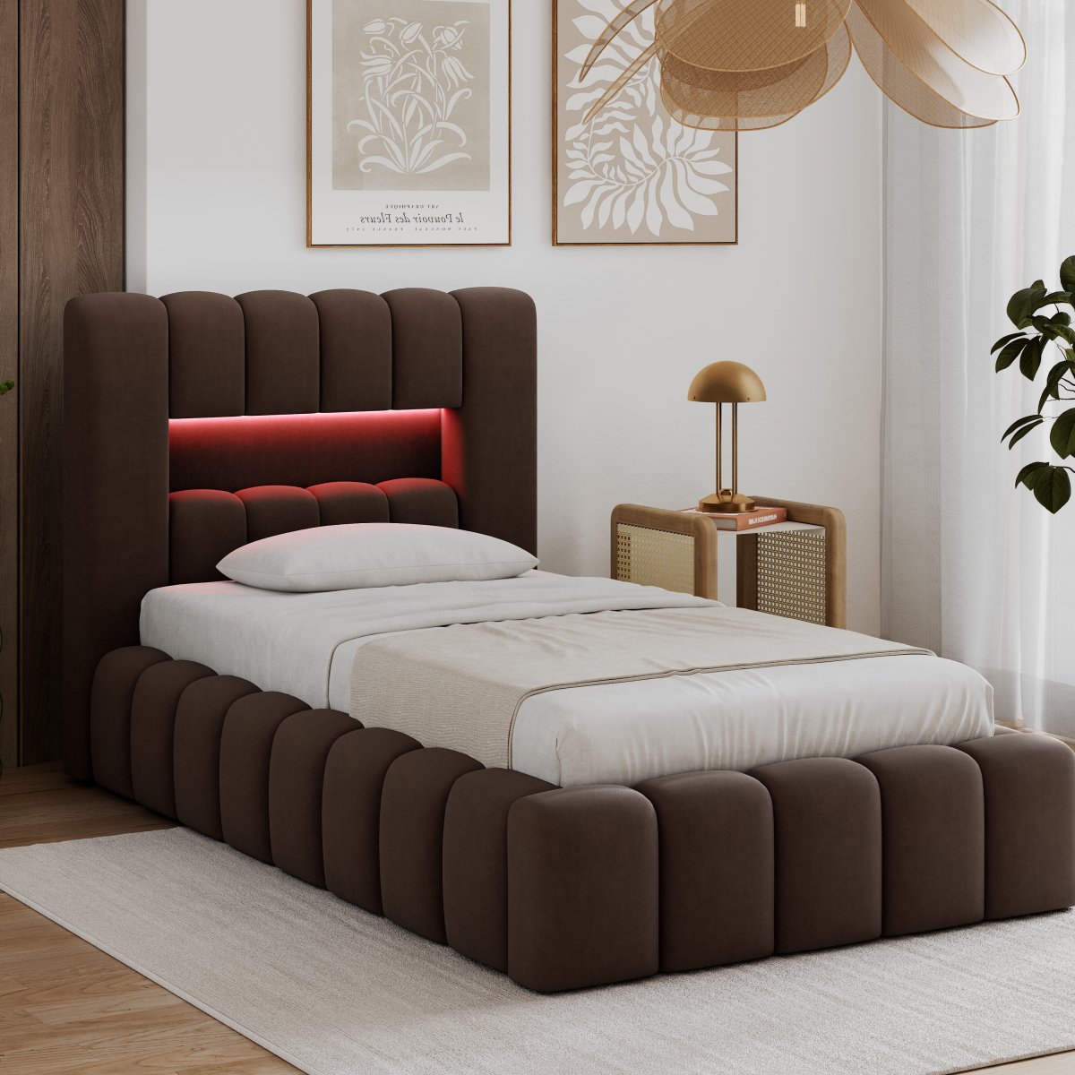 Lit coffre 90x200 sommier et LED inclus Auria Marron Foncé - vue 8