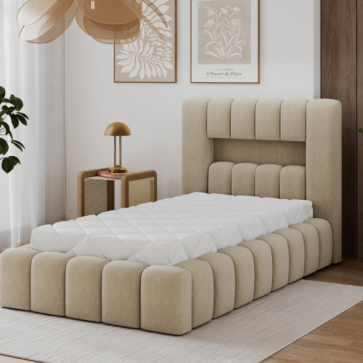 Lit coffre 90x200 sommier et LED inclus Auria Velours Beige - vue 10
